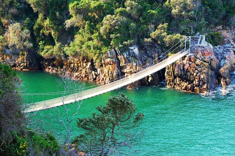 Suspension Bridge over Water — Green, Serene, Afternoon