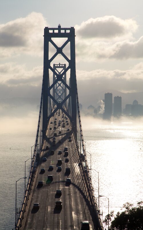Suspension Bridge with Traffic — Gray