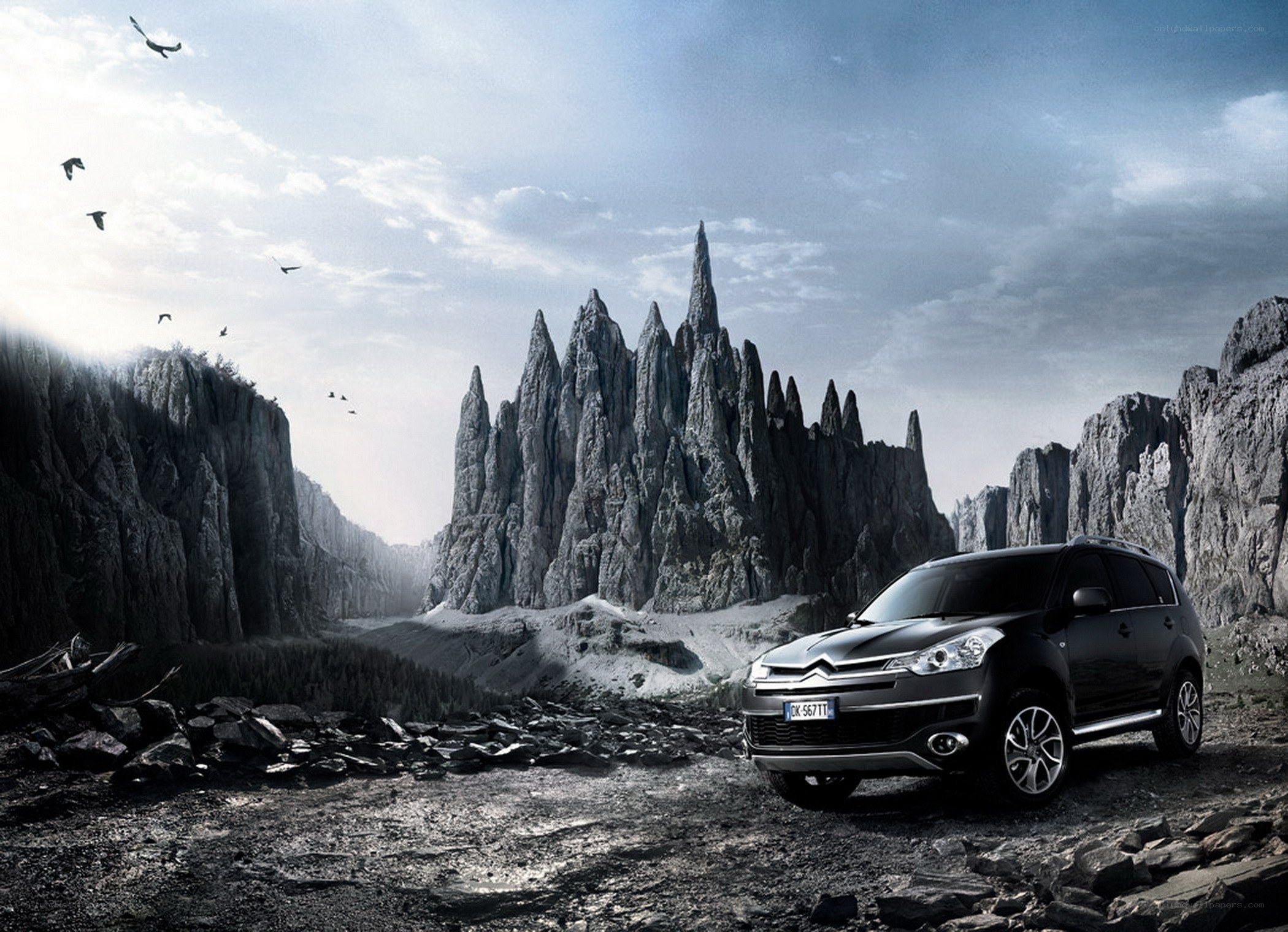 SUV in a rocky landscape