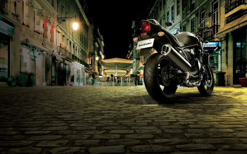 Suzuki Motorcycle on Street — Black, Dramatic