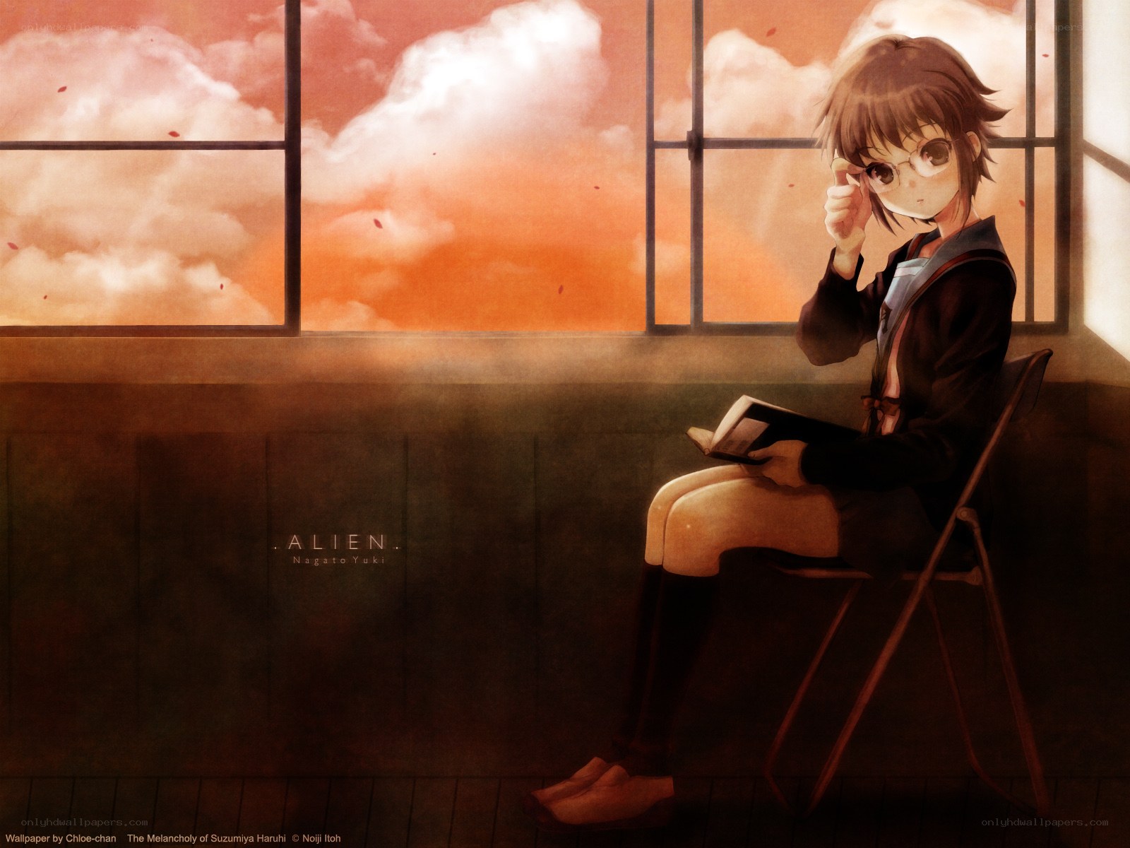 Suzumiya Haruhi reading by window