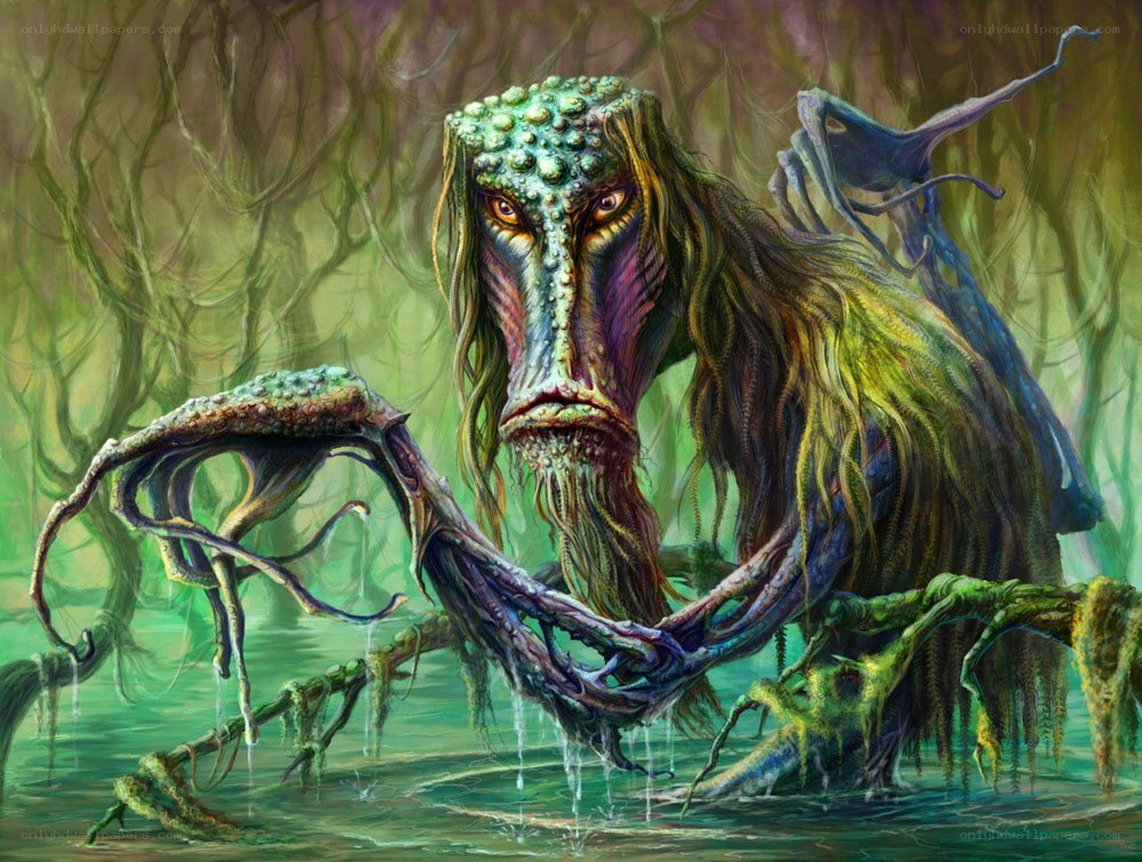 swamp monster with glowing eyes