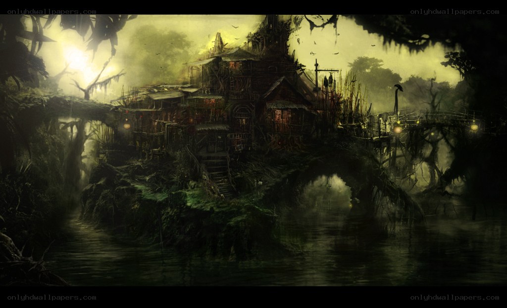 swamp village at dusk