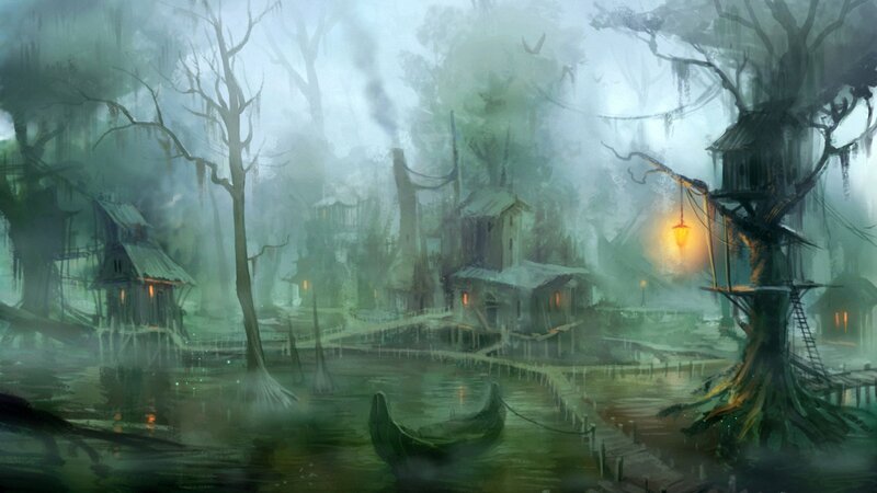 Swamp Village at Night — Green