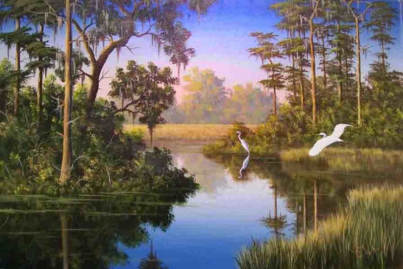 Swamp with Herons at Dusk