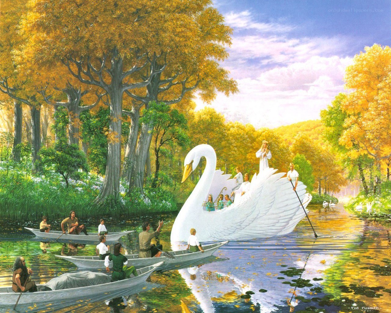 Swan boat on a river