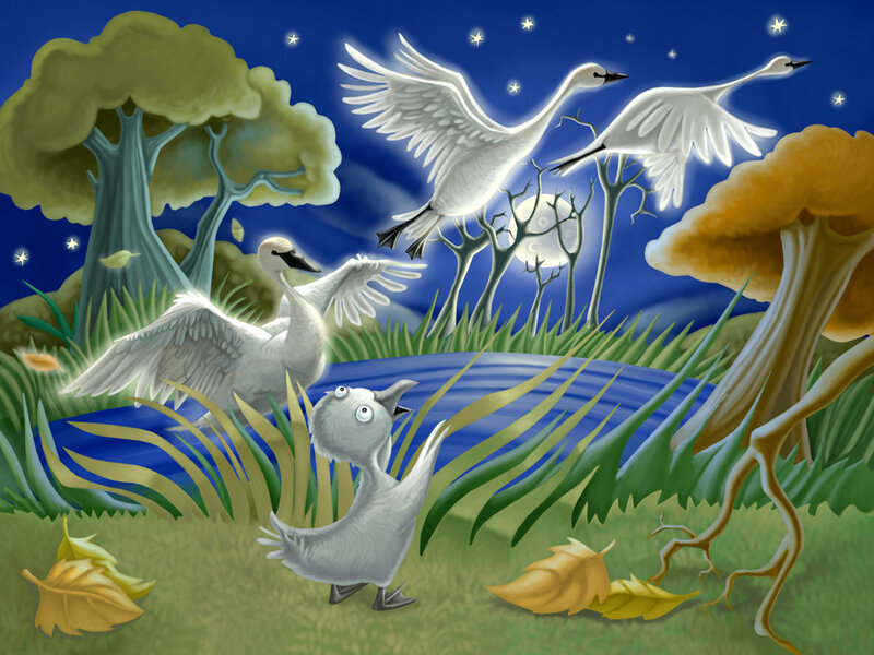 Swan Family at Night