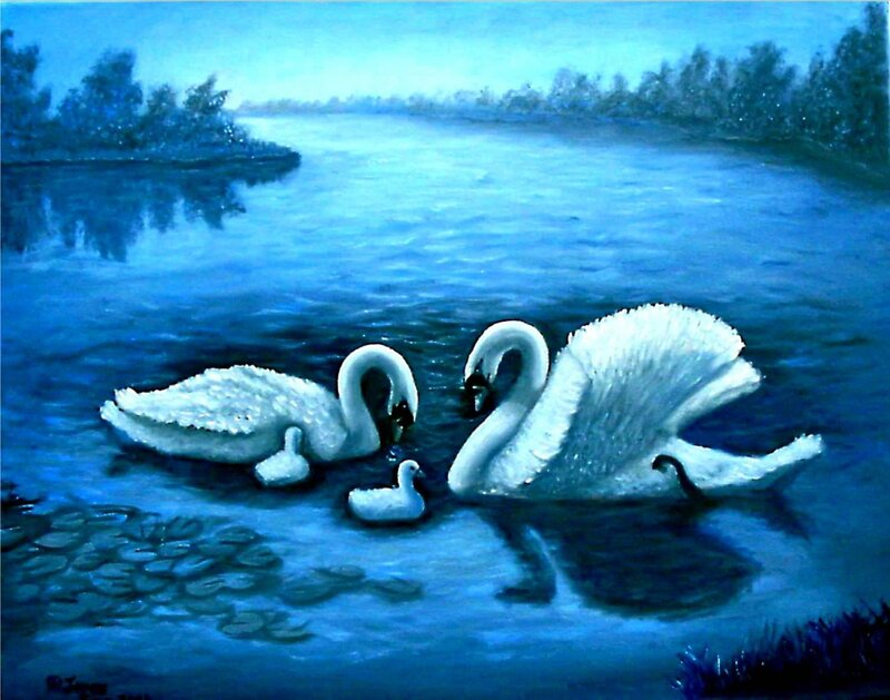 Swan Family on Water — Blue, Serene, Night
