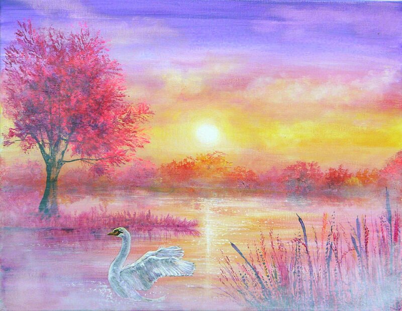 Swan on a Lake — Purple, Serene, Sunset