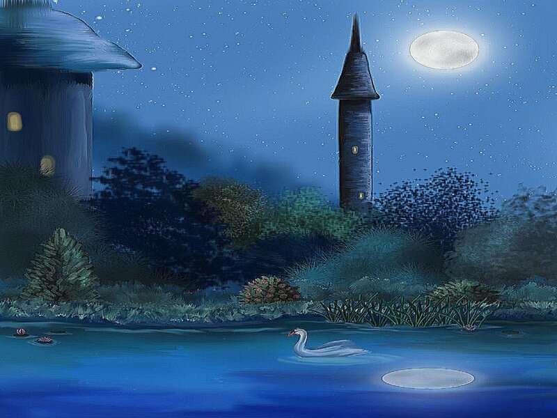 Swan on a Pond — Blue, Serene, Night