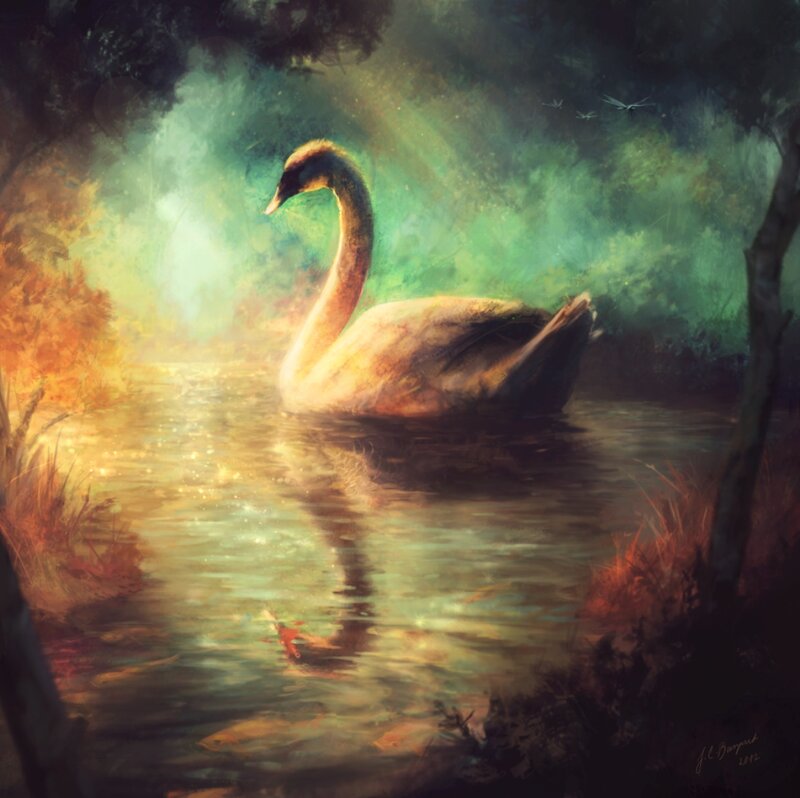 Swan on a Pond — Green, Serene, Sunset