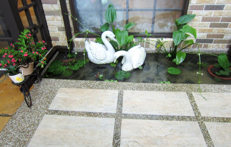 Swan Statues in Pond