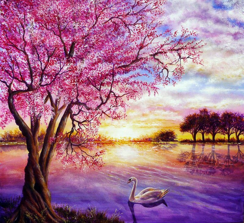Swan under Cherry Tree — Purple