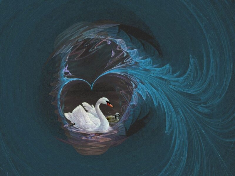Swan with Cygnets — Blue, Serene, Digital Art