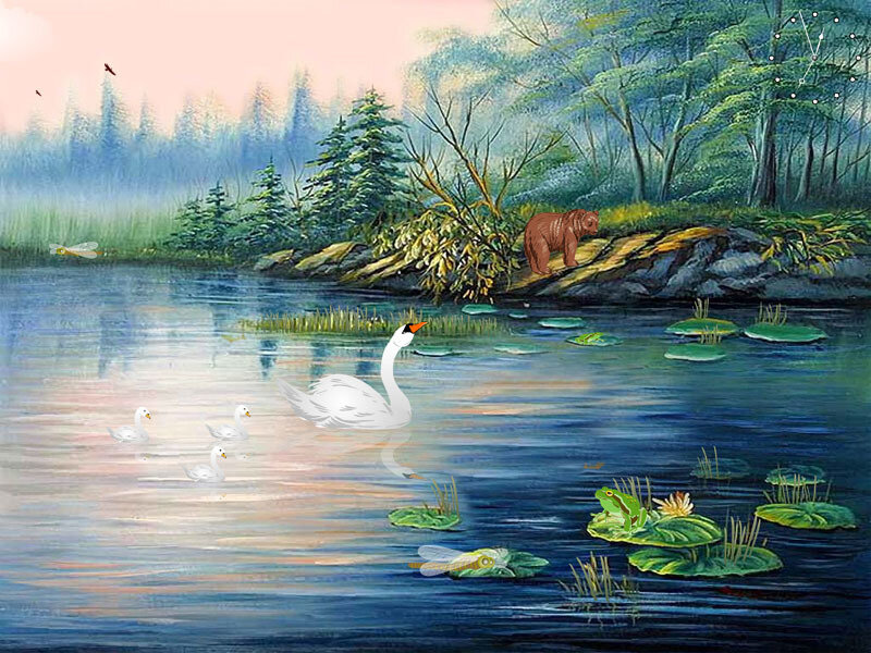 Swan with Cygnets — Blue, Serene