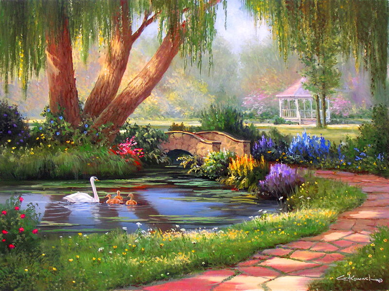 Swan with Cygnets — Green, Serene, Afternoon, Painting