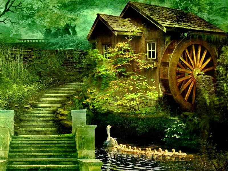 Swan with Cygnets — Green, Serene, Morning, Digital Art, Mill