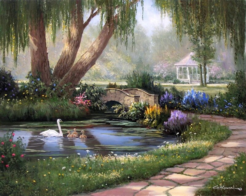 Swan with Cygnets — Green, Serene, Morning, Painting