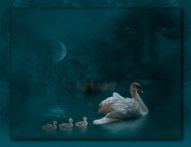 Swan with Cygnets — Teal, Mysterious
