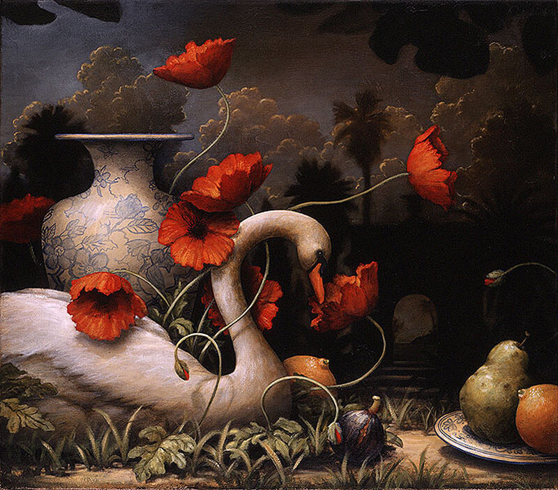 Swan with poppies and fruit