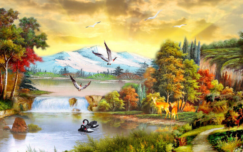Swans and Deer in Forest