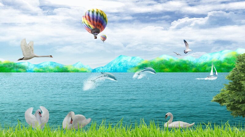 Swans and Dolphins in Lake