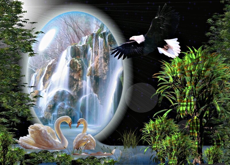 Swans and Eagle Near Waterfall — Green