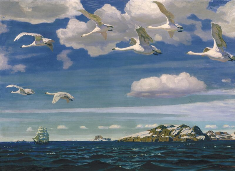 Swans Flying Over the Sea