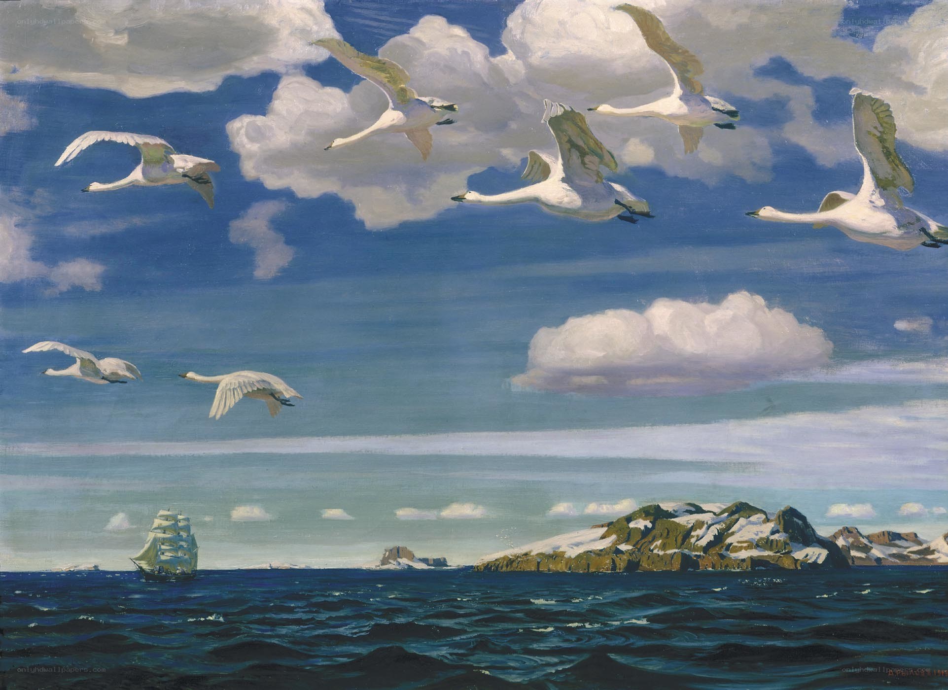 Swans Flying Over the Sea
