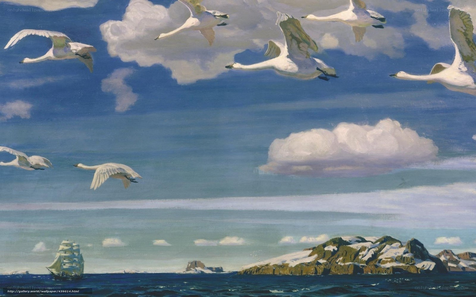 Swans Flying Over the Sea