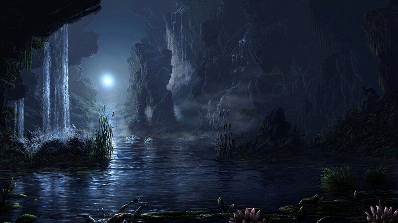 Swans in a Cave Lake — Blue