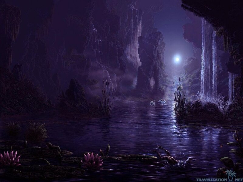 Swans in a Cave Lake — Purple