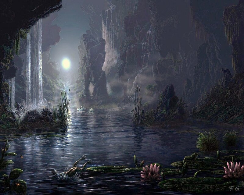 Swans in a Cave Lake