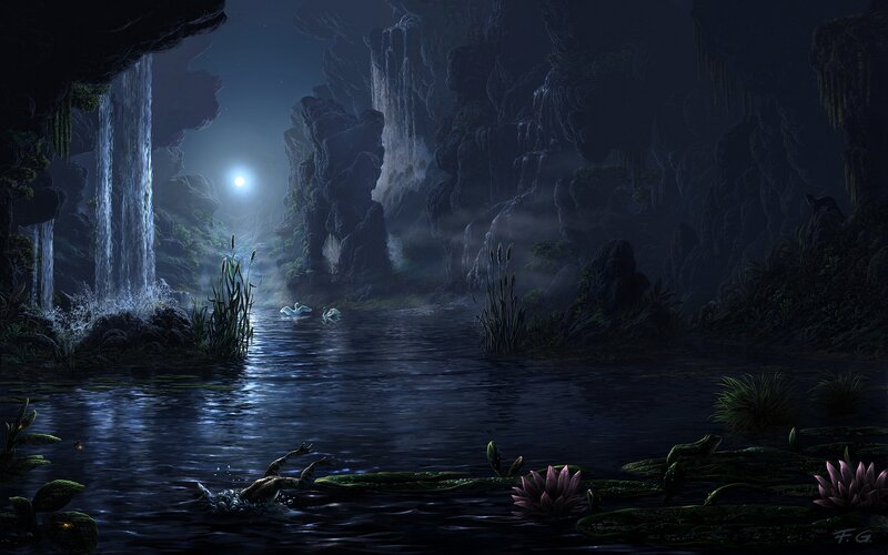 Swans in a Cave Pond — Blue