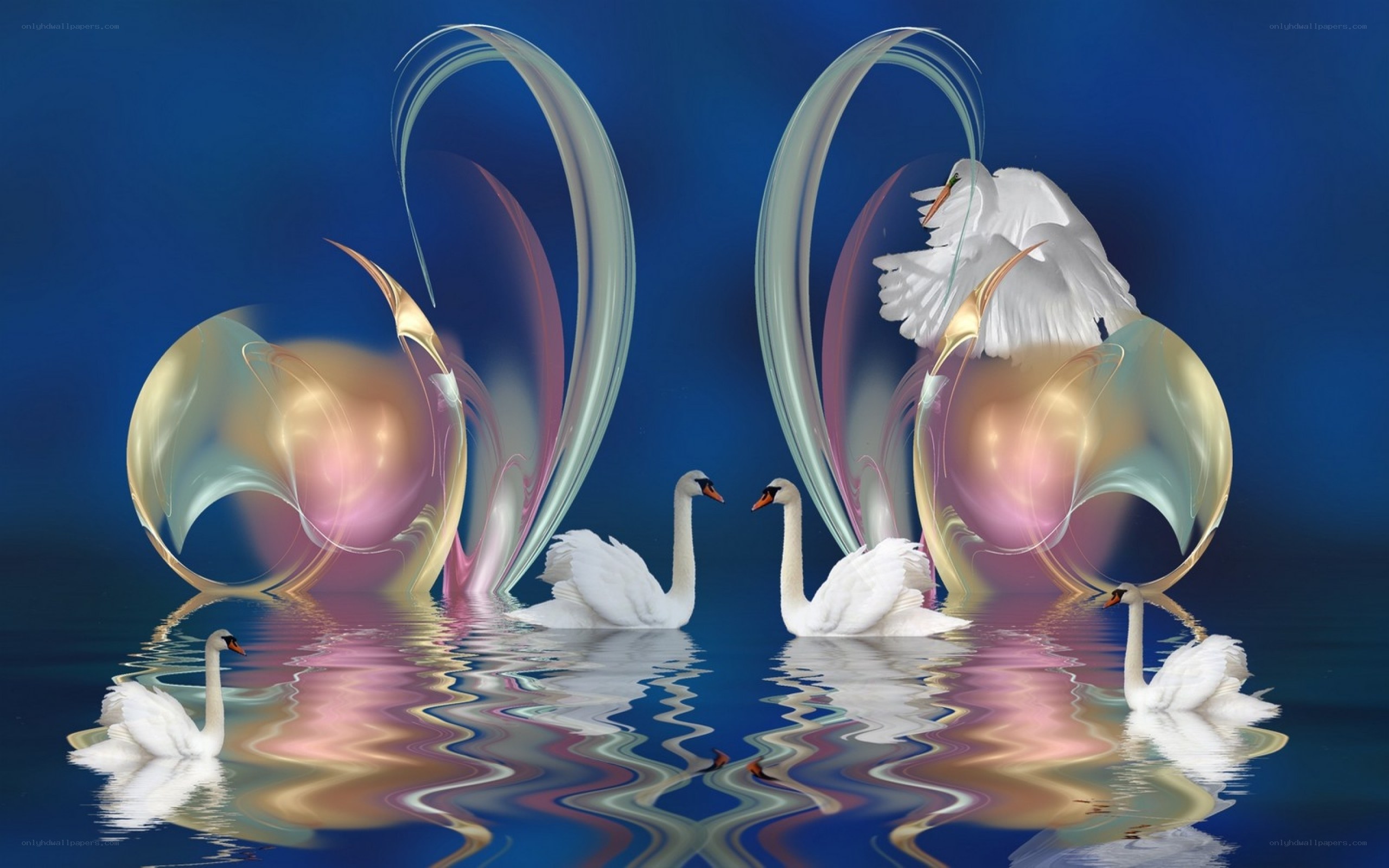 Swans in a dreamlike landscape