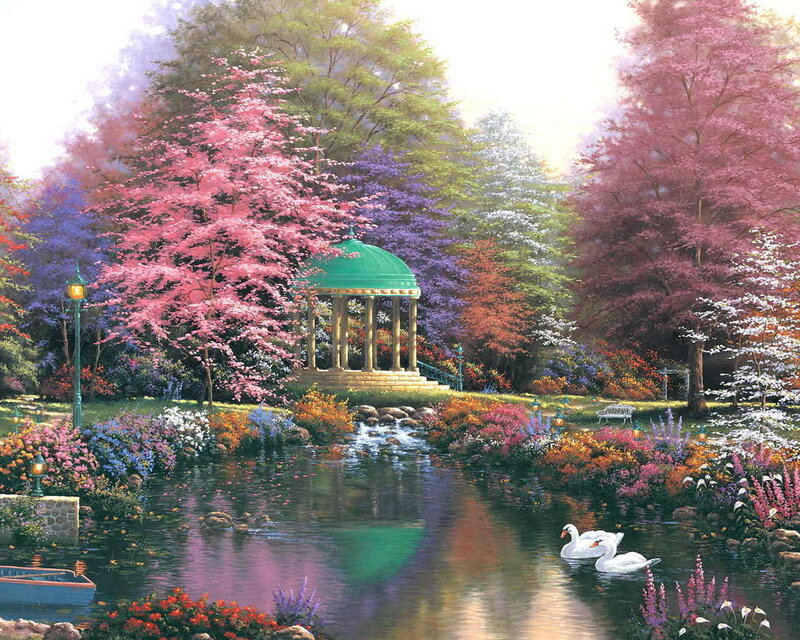 Swans in a Garden Pond — Pink