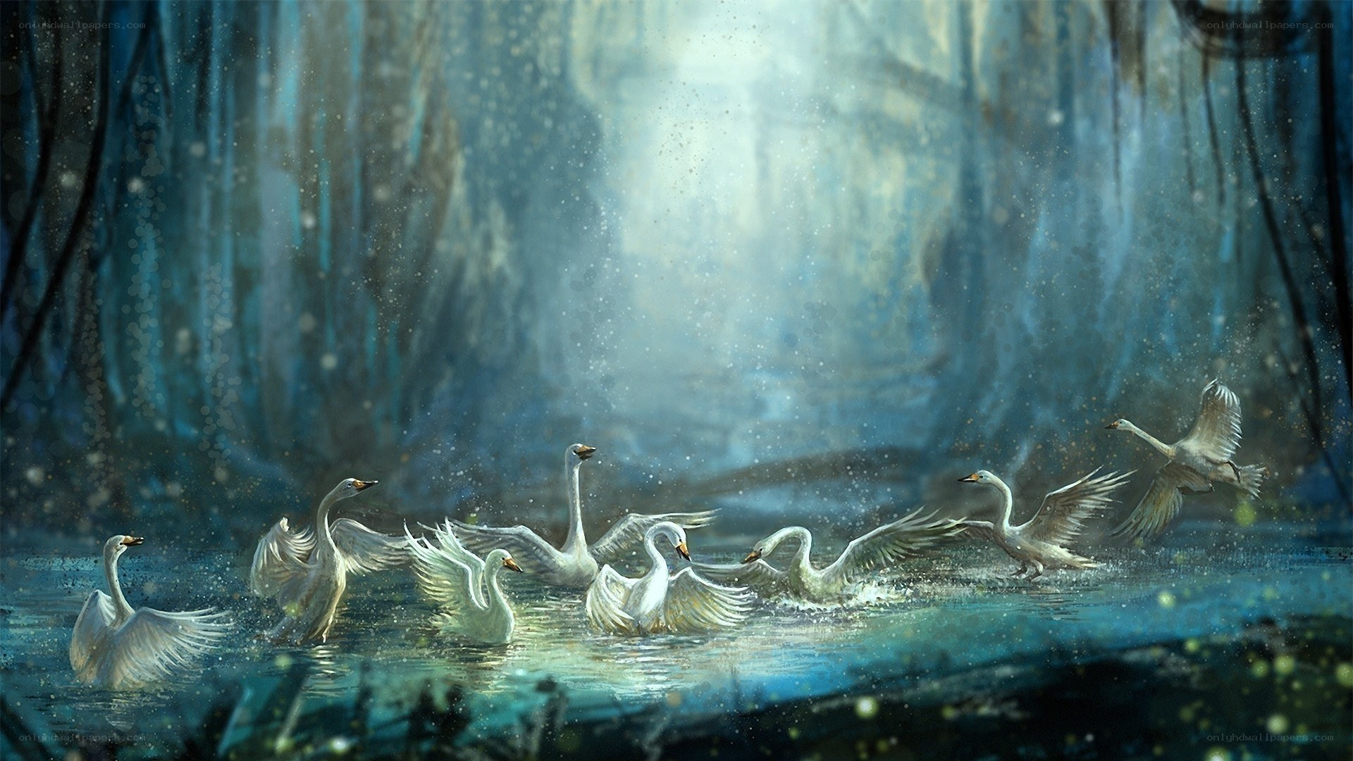 Swans in a mystical forest