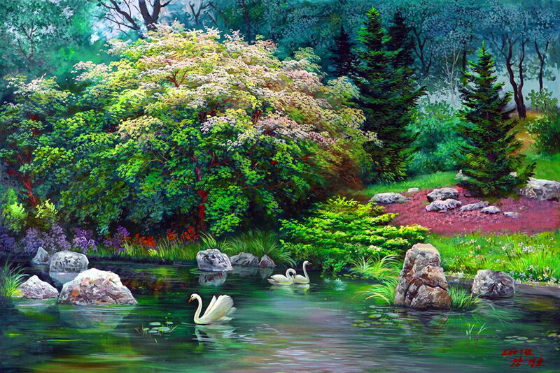 Swans in a Pond — Green, Serene, Afternoon, Painting, Trees