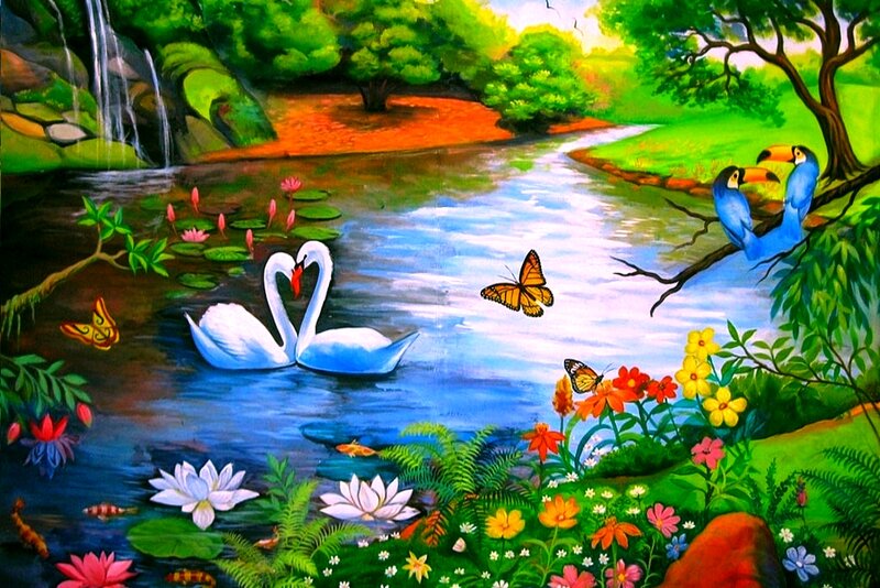 Swans in a Pond — Green, Serene, Afternoon