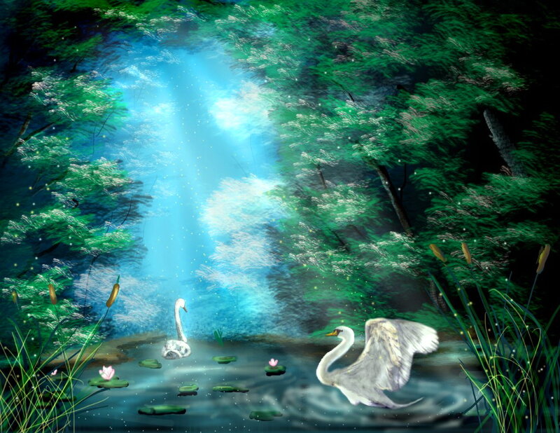 Swans in a Pond — Green, Serene, Night