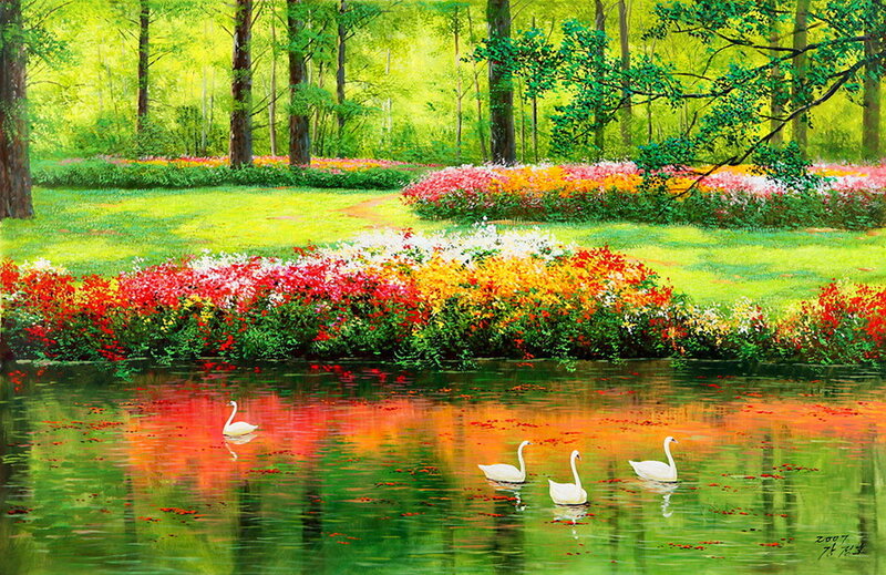 Swans in a Pond — Green, Serene, Spring, Painting