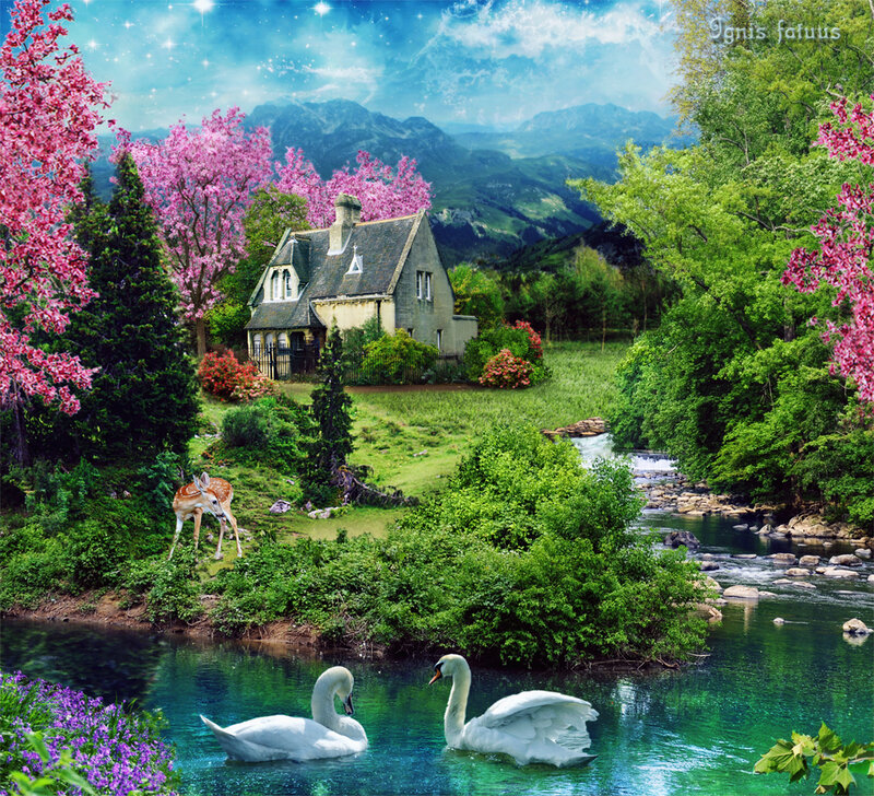 Swans in a River — Green, Serene