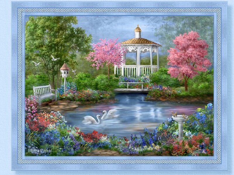 Swans in Garden Pond — Blue