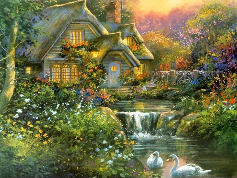 Swans in Garden Pond — Green, Serene, Sunset, Painting