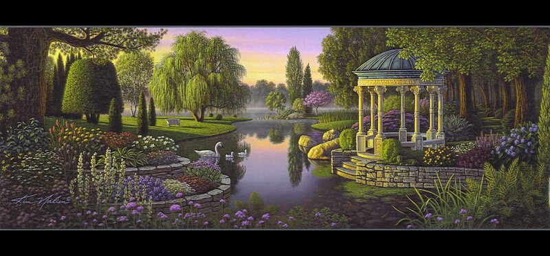 Swans in Garden Pond — Green, Serene, Sunset