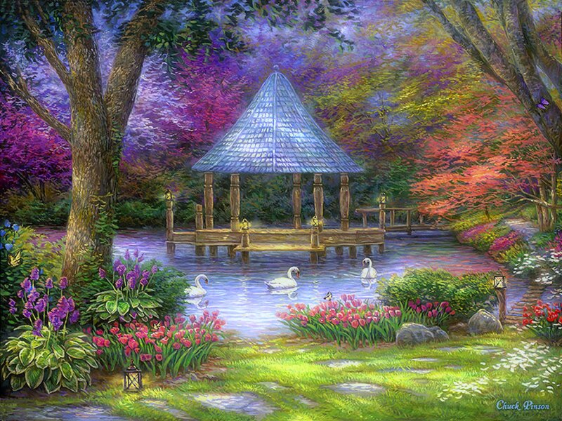 Swans in Garden Pond — Purple