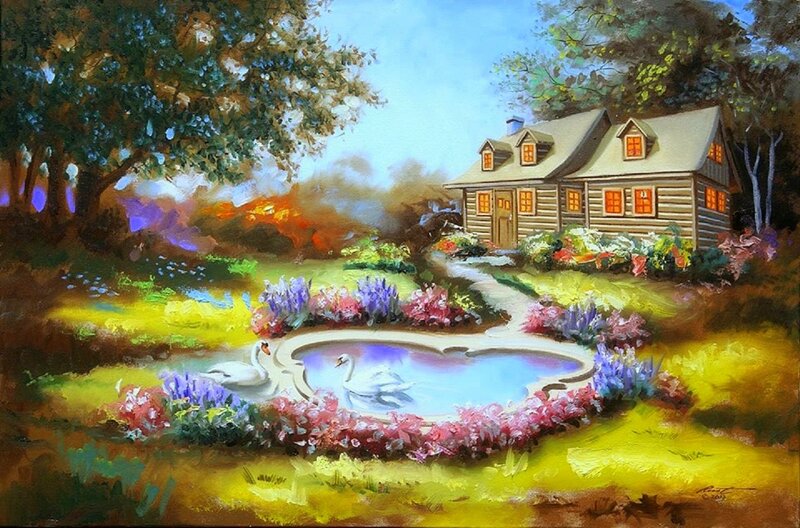 Swans in Garden Pond — Yellow