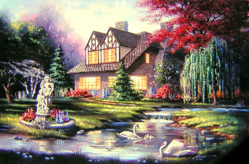 Swans in Pond — Green, Serene, Sunset