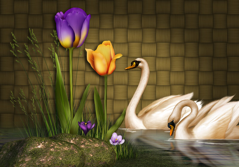 Swans in Pond — Purple