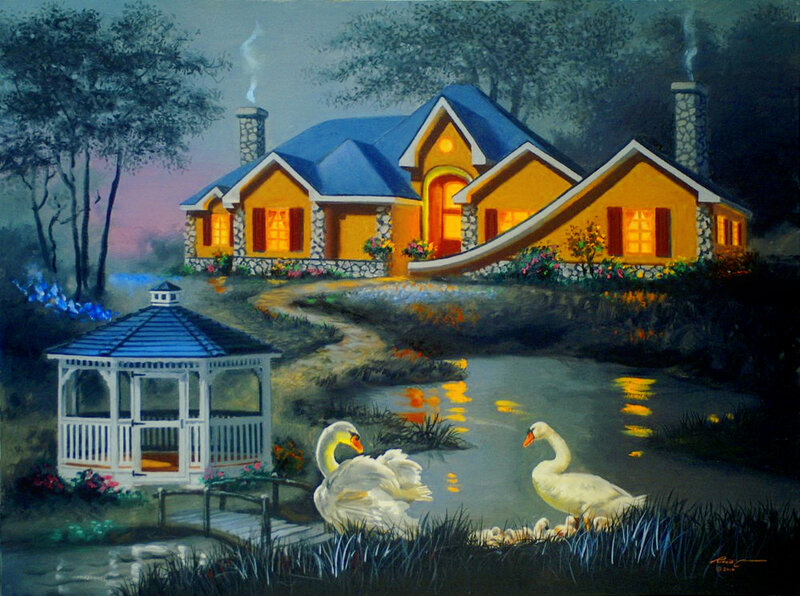 Swans in Pond — Yellow